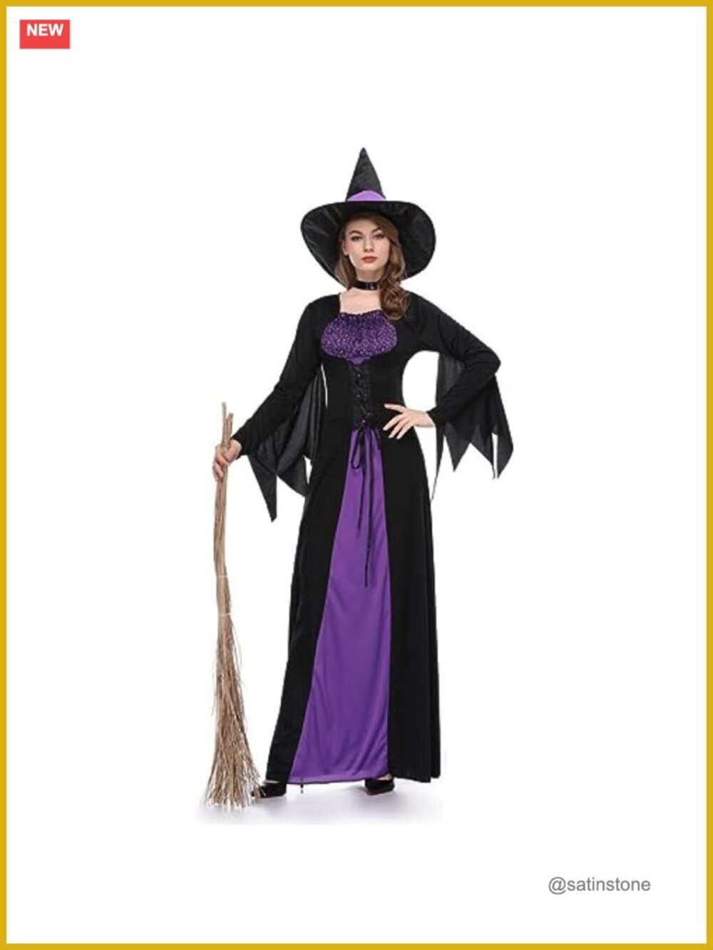 Women's Witch Fancy Dress Halloween Costume with Witch Hat Adult Cosplay